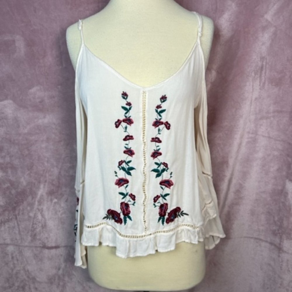 American Eagle Outfitters Womens Off White Embroidered Floral Blouse Tank Size S
